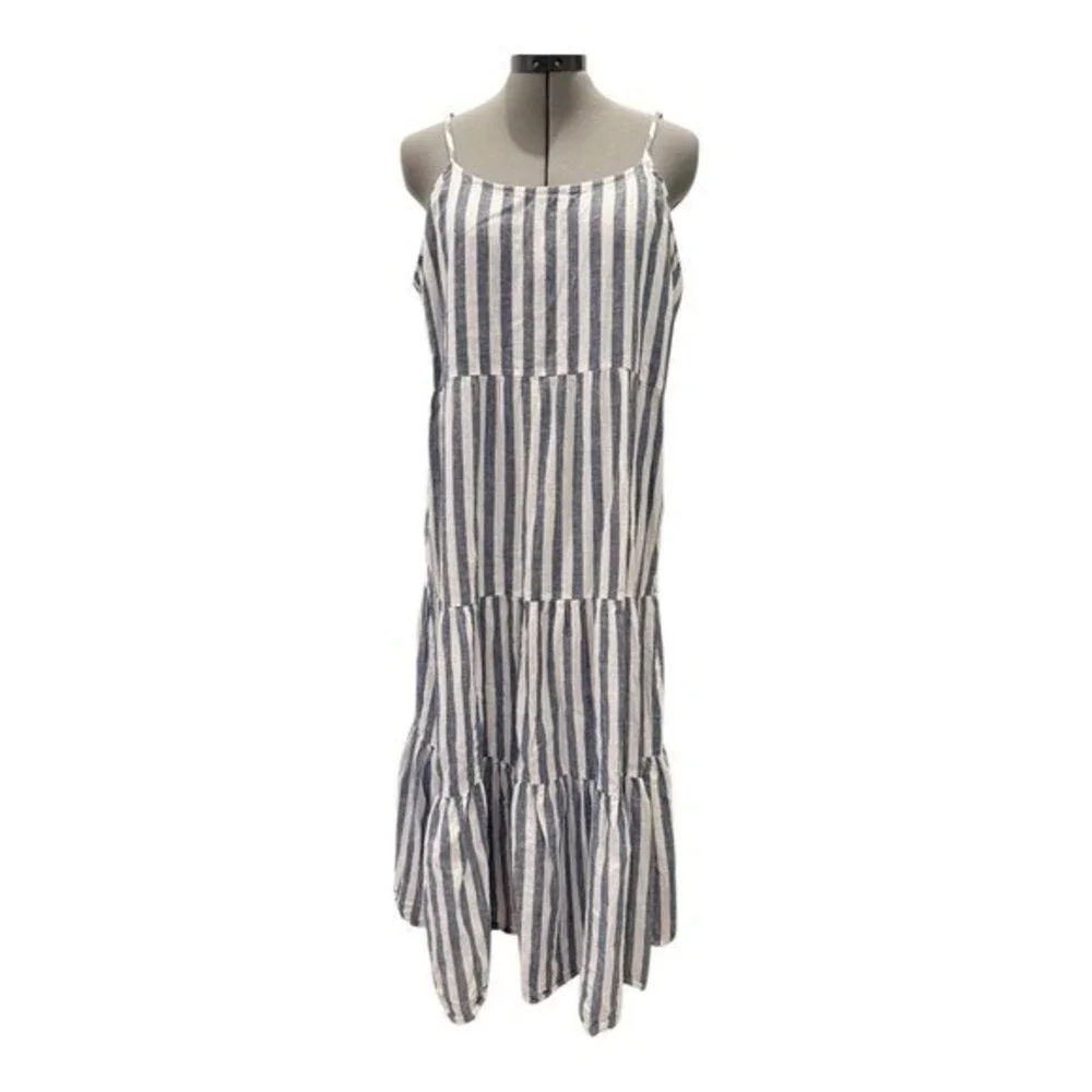 Beach Lunch Lounge Lana Striped Maxi Linen Dress Tiered Smocked Bodice XL - Picture 3 of 9